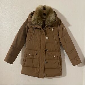 Michael Kors Tan Puffer Coat with Faux Fur Hood Size Small with Flaws